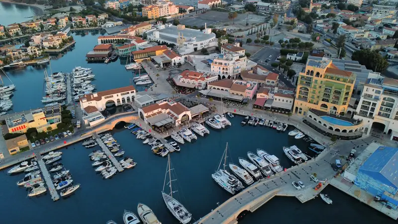 Aerial view of Limassol Marina village, quays and moored yachts