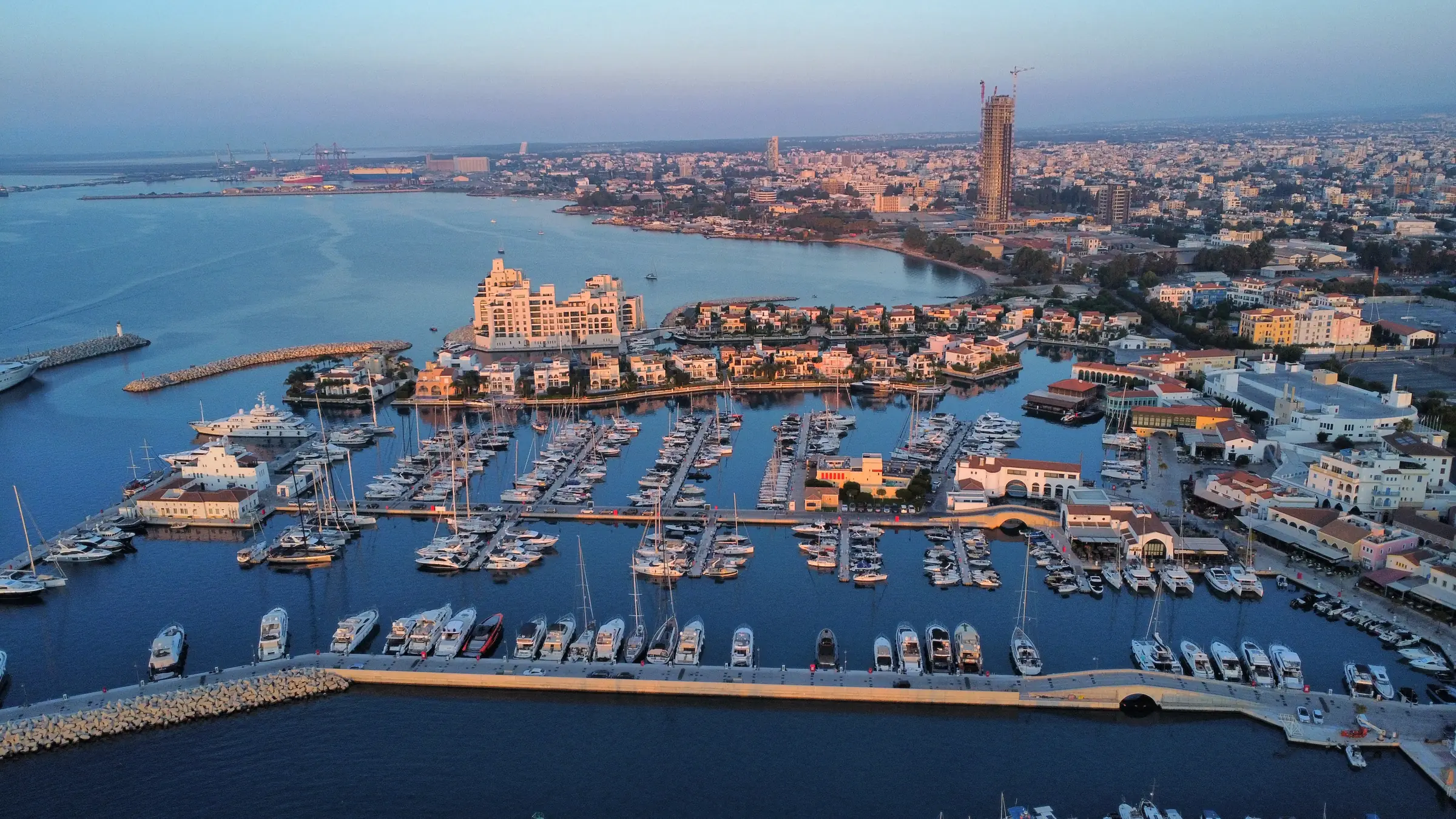 Limassol Marina and the city skyline at sunset